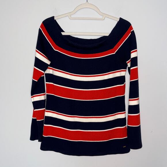 Tommy Hilfiger Womens Striped Sweater Size L Boat Neck Navy Red Preppy Stretchy - Picture 1 of 7